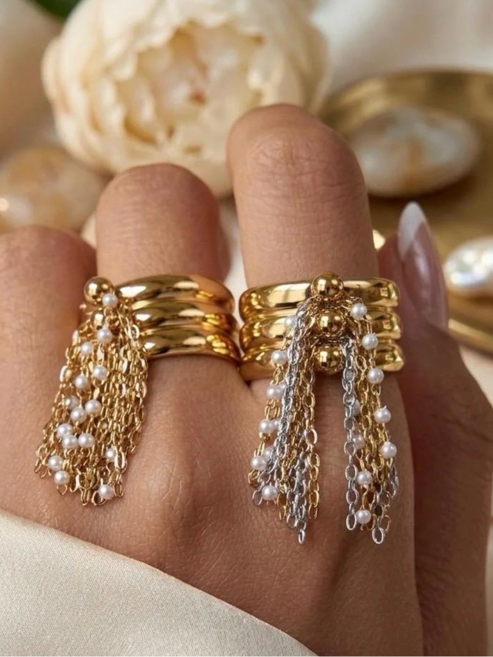 Gold-Tone Tassel Pearl Drop Ring - Women Jewelry